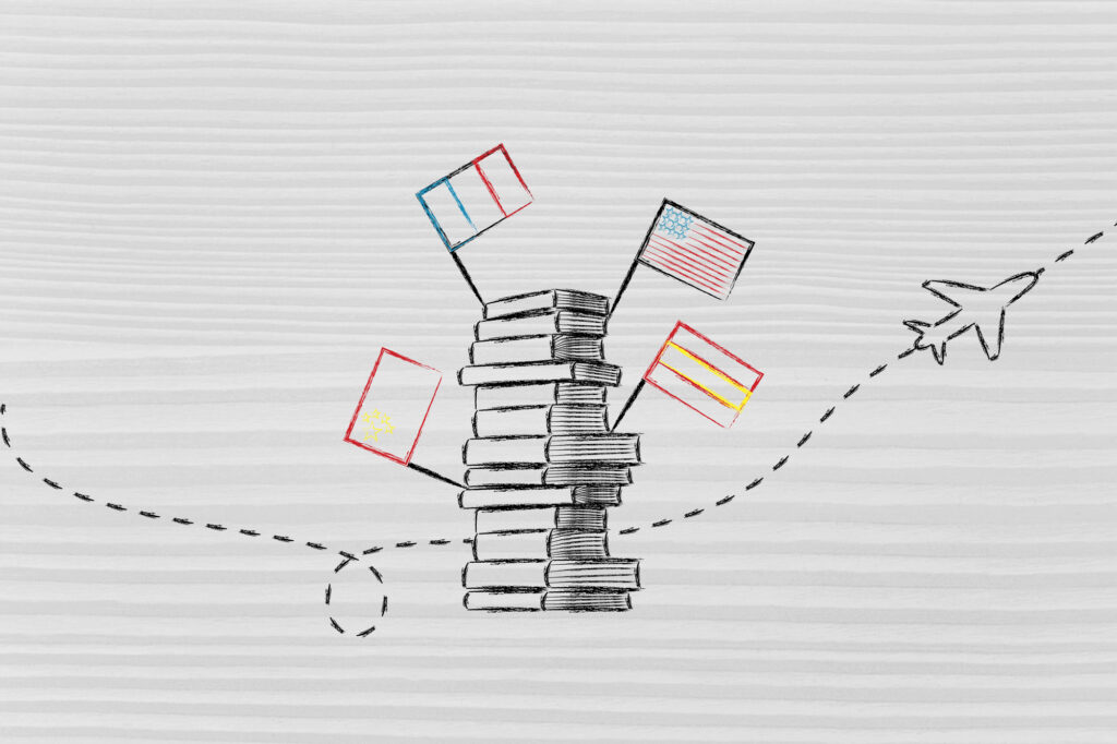 A stack of books with small flags of France, USA, Spain, and Vatican City on top. A dashed line traces the path of a small airplane flying to the right. The background is white with light horizontal lines.