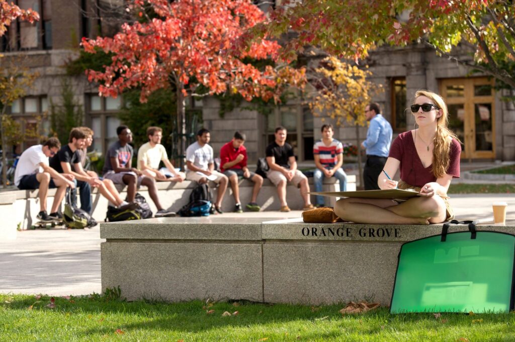 A young woman sits on a stone bench labeled Orange Grove, sketching on a pad, with a green portfolio nearby. In the background, a group of students sits and talks under colorful autumn trees.