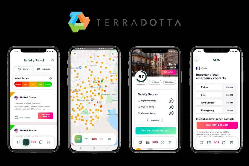 Four smartphone screens display the Terra Dotta app, showing a safety feed, a map with alert locations, a safety score dashboard for Paris, and local emergency contact numbers including police, fire, and ambulance.