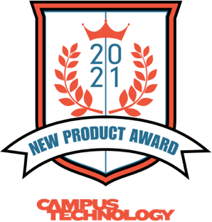 A shield-shaped badge with a crown, laurel branches, and 2021 in the center. A blue ribbon reads New Product Award. Below is the text Campus Technology in orange.