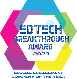 Hexagon-shaped logo with colorful overlapping segments. Text in the center reads EdTech Breakthrough Award 2023. Bottom text reads Global Engagement Company of the Year.