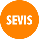 Orange circle with the word SEVIS in bold, white, uppercase letters centered inside.