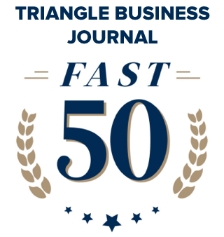 Logo for Triangle Business Journals Fast 50 award, featuring large 50 numbers, laurel branches, and bold text emphasizing the award name with decorative stars below.
