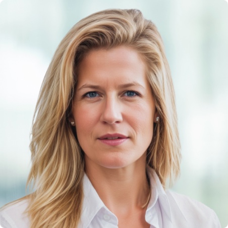 BethAnne Dorn, a woman with long blonde hair and a white collared shirt, looks confidently at the camera, standing against a softly blurred, light-colored background.