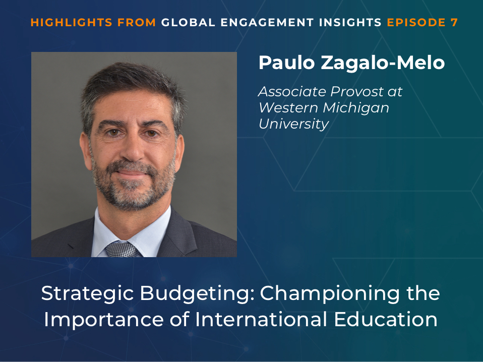 A promotional graphic for a podcast episode featuring Paulo Zagalo-Melo, Associate Provost at Western Michigan University, discussing Strategic Budgeting: Championing the Importance of International Education.