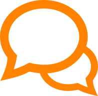 Two overlapping orange speech bubbles on a light gray background, symbolizing conversation or communication.
