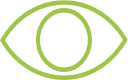 A simple, green outline of an eye shape with an oval in the center, representing the pupil, on a light background.