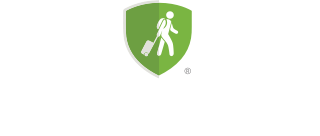 A green shield icon with a white silhouette of a person walking and pulling a suitcase above the partially visible text AlertTraveler on a light background.