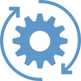 A blue gear with two blue circular arrows around it, one curving upward on the left and the other downward on the right, symbolizing process, automation, or settings.