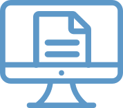 Blue outline icon of a computer monitor displaying a document with text lines on the screen, symbolizing digital documents or online file viewing.