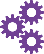 Three purple gears interlocking diagonally on a light gray background, symbolizing teamwork, mechanics, or process integration.