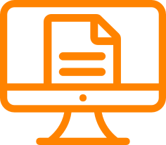 Orange icon of a computer monitor displaying a document with two horizontal lines, representing digital documents or online content, on a light background.