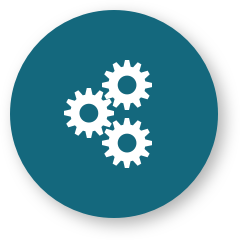 White icon of three interlocking gears centered on a teal circular background, symbolizing settings, engineering, or technical processes.