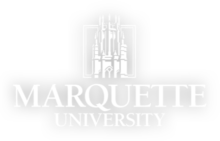 The image shows the Marquette University logo in white, featuring a stylized illustration of a tower above the words Marquette University on a light gray background.