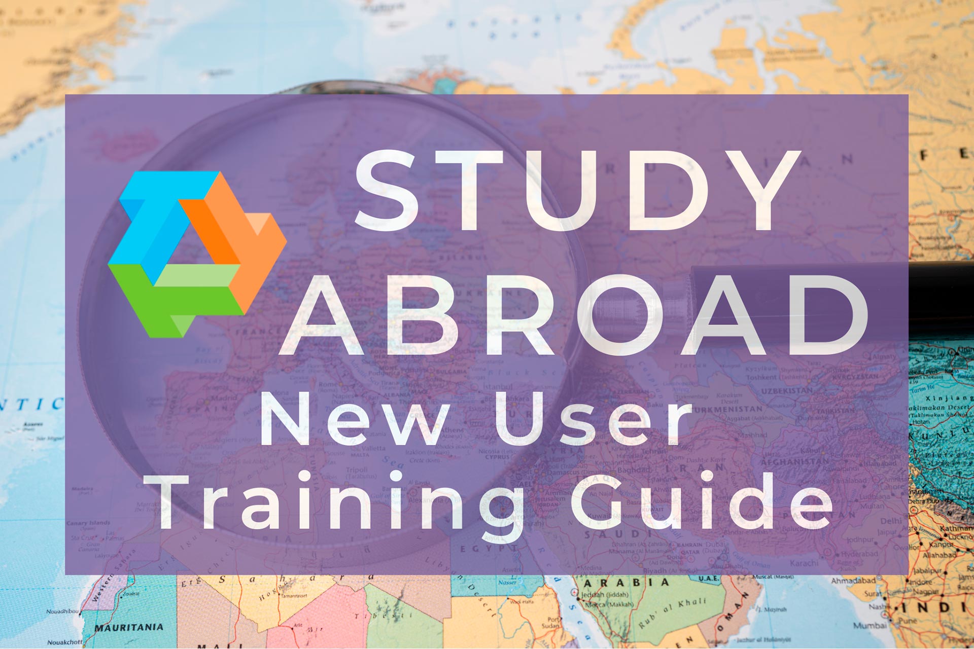 A transparent purple box with the text “STUDY ABROAD New User Training Guide” overlays a world map and a magnifying glass. A colorful geometric logo appears on the left of the text.