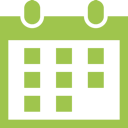 A simple green and white calendar icon with two tabs at the top and a grid representing days.