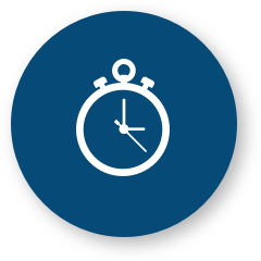 White stopwatch icon on a dark blue circular background. The stopwatch displays a time with the hands pointing at approximately 2:00 and 5:30.