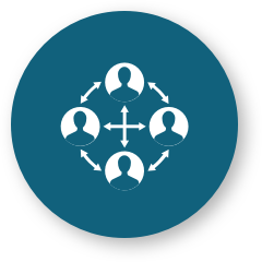Icon of four generic human figures arranged in a circle with arrows connecting them, representing communication or collaboration, on a teal circular background.