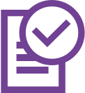 A purple icon showing a document with horizontal lines and a large checkmark inside a circle overlapping the top right corner, symbolizing approval or verification.